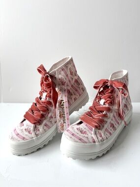 Superga x LoveShackFancy 2341 Alpina Pink Floral Velvet-Lace High-Top Sneakers